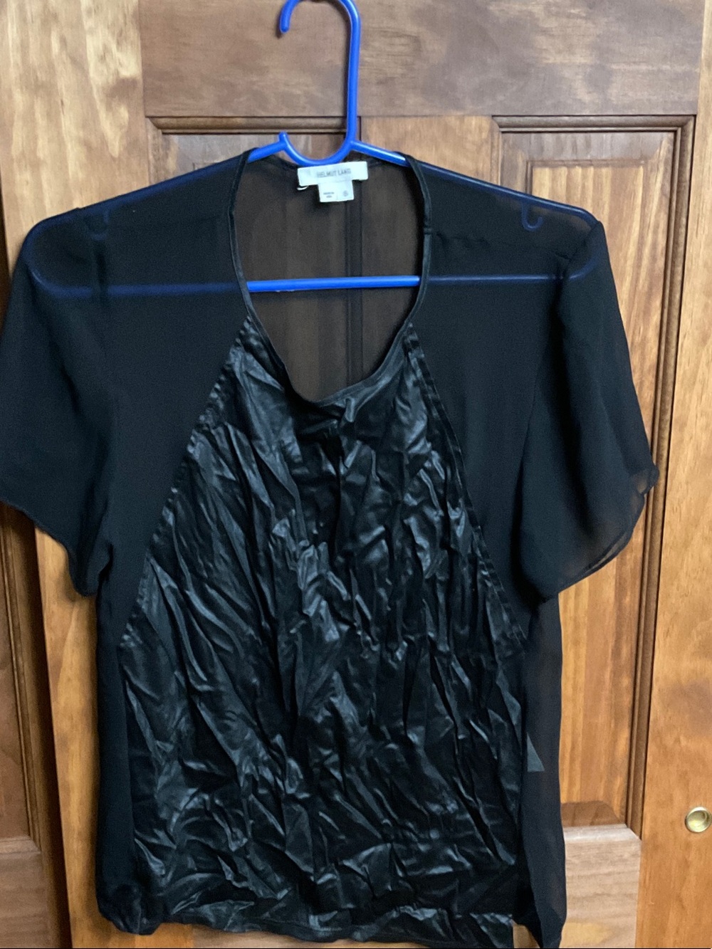 Helmut Lang Black Sheer Short-Sleeve Mixed-Media Blouse